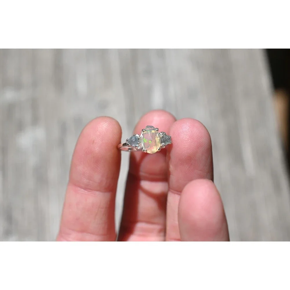 Engagement ring Opal & Montana Sapphire Ring in Sterling Silver – Unique Fire Pl